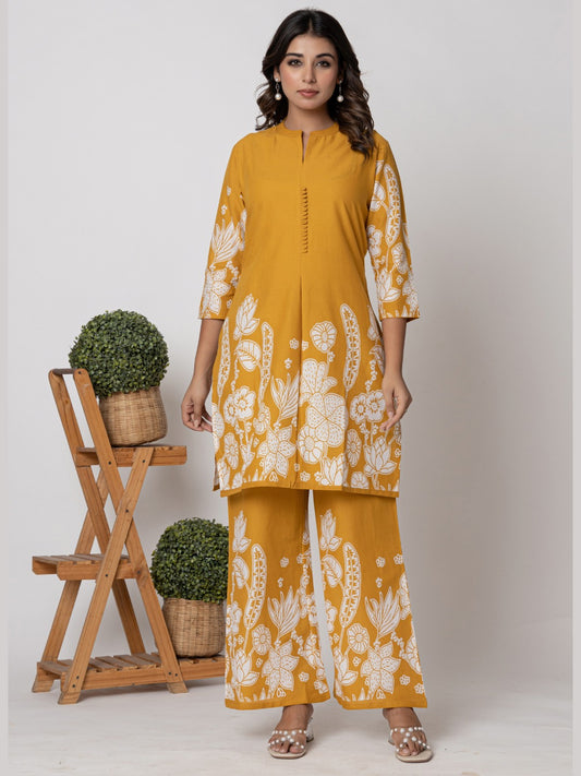 Pure Cotton Placement Print Co-ord Set - Mustard