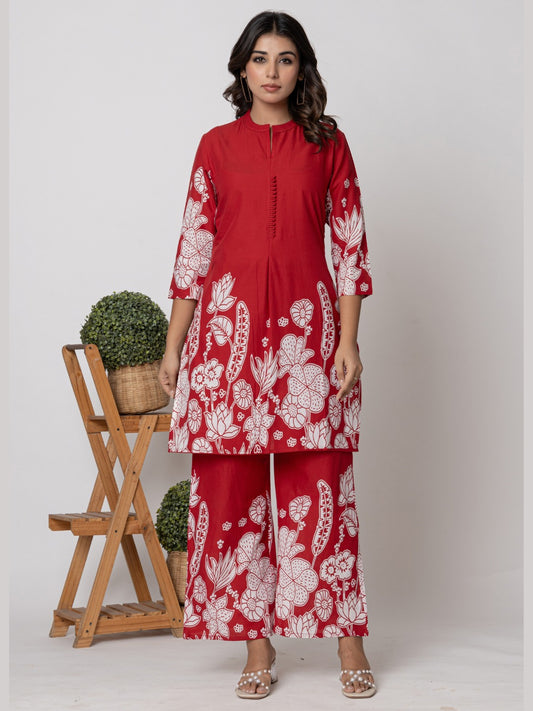 Pure Cotton Placement Print Co-ord Set - Red