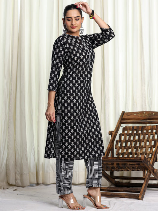Pure Cotton Printed Kurta Pant Set with HandWork - Black