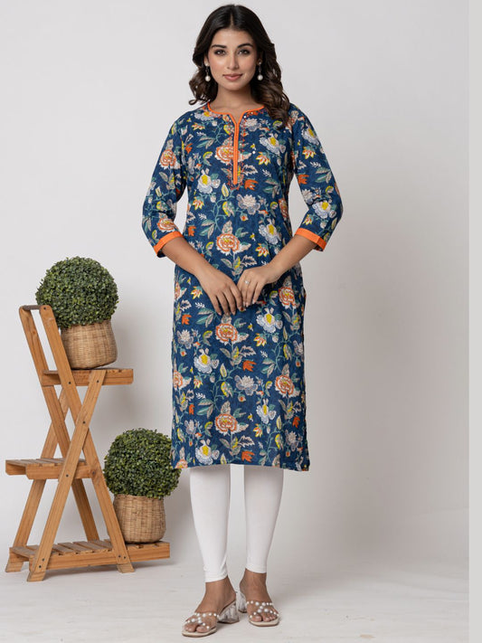 Cotton Printed Straight Kurta with Katha Work- Blue