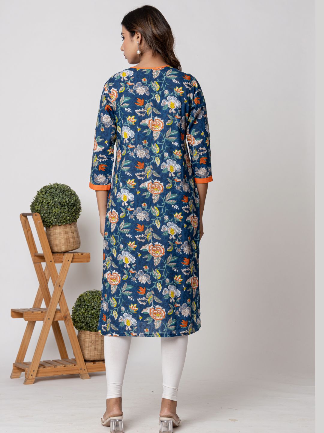 Cotton Printed Straight Kurta with Katha Work- Blue