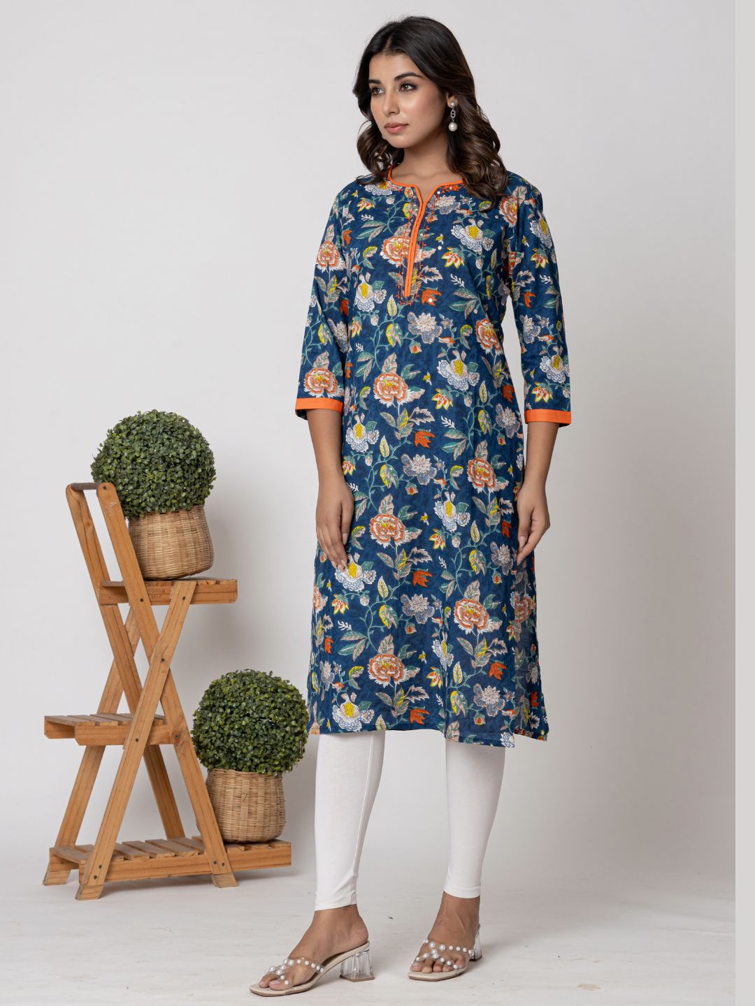 Cotton Printed Straight Kurta with Katha Work- Blue