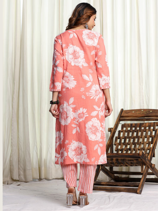 Pure Cotton Printed Kurta Pant Set with HandWork - Peach