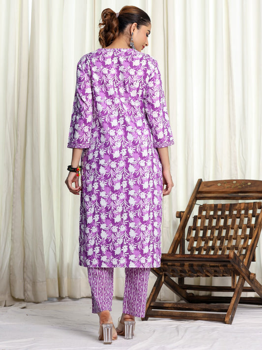 Pure Cotton Printed Kurta Pant Set with HandWork - Purple