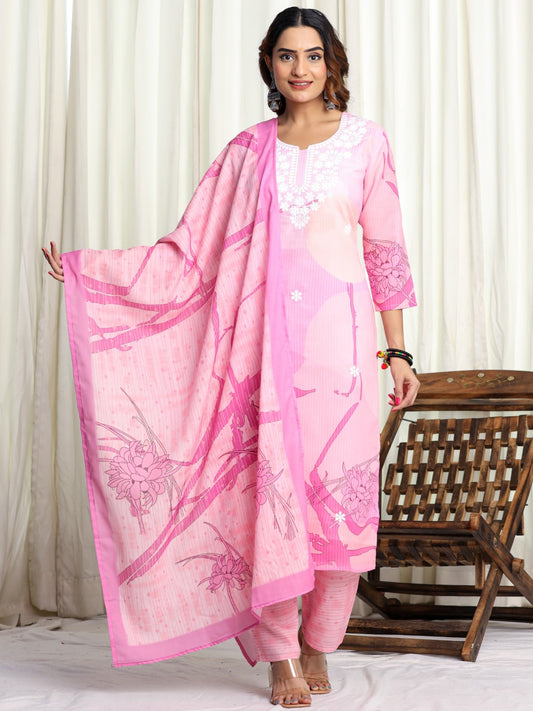 Cotton Digital Print Embroidered Kurta, Pant  and Dupatta Set - Pink