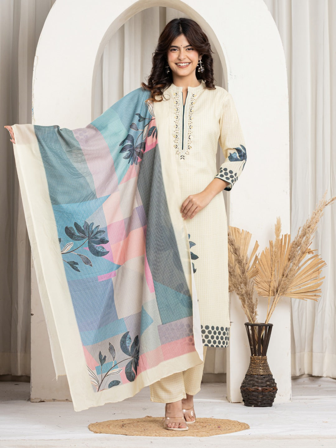 Cotton Digital Print Hand work Kurta, Pant and Dupatta Set - Beige