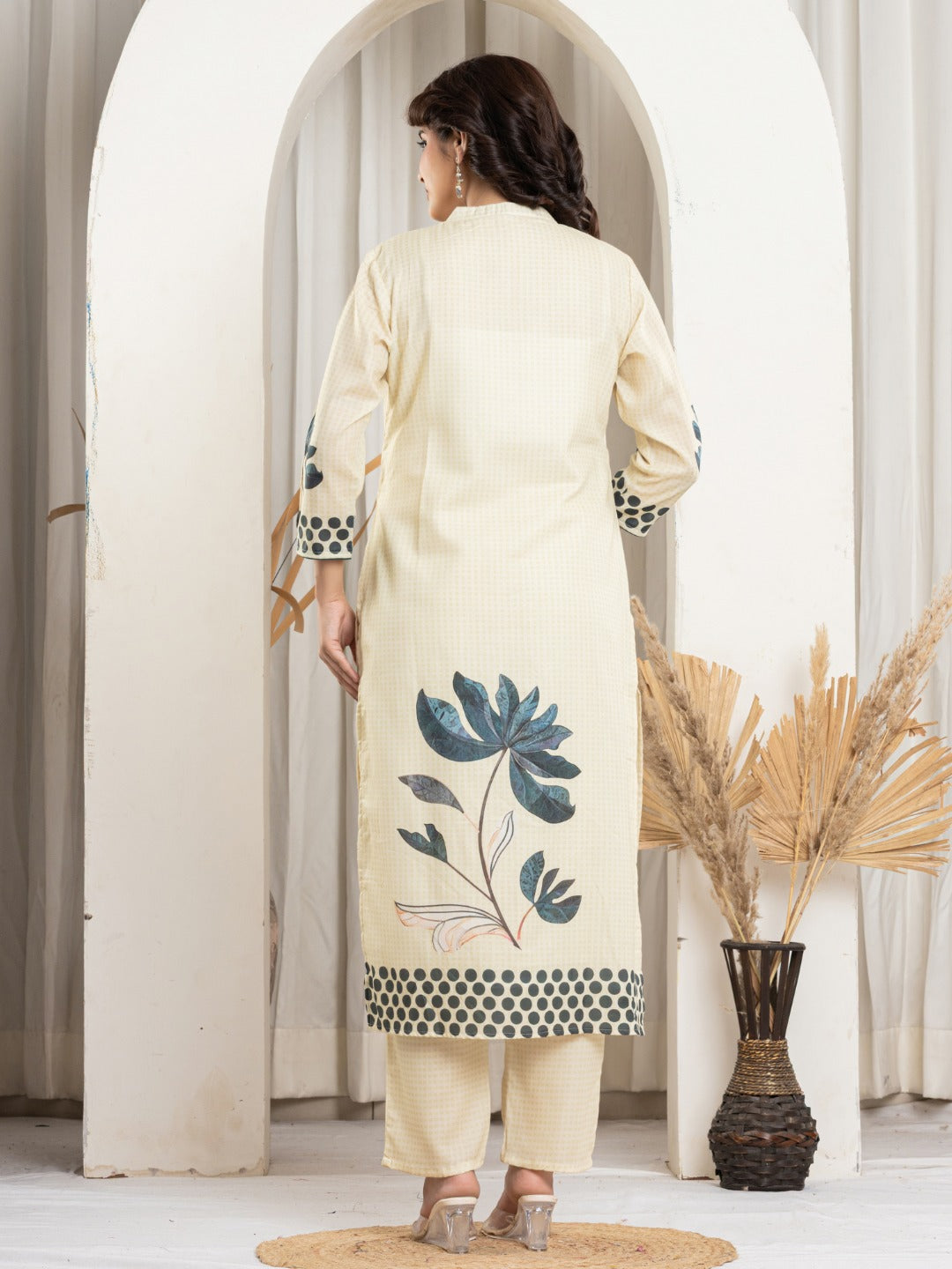 Cotton Digital Print Hand work Kurta, Pant and Dupatta Set - Beige