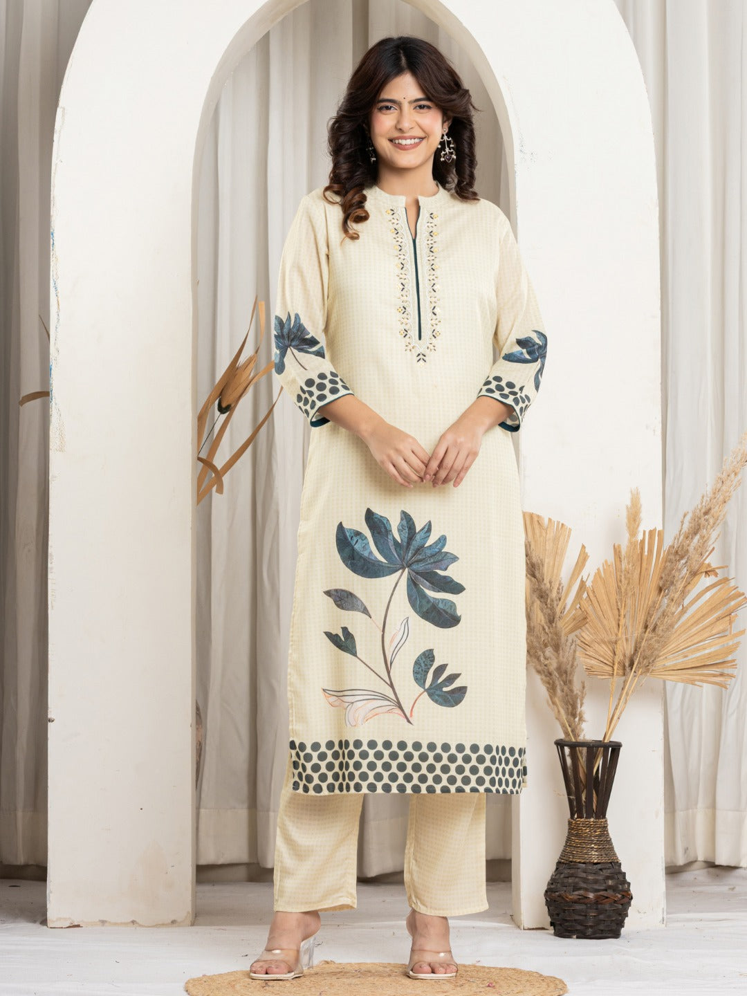 Cotton Digital Print Hand work Kurta, Pant and Dupatta Set - Beige