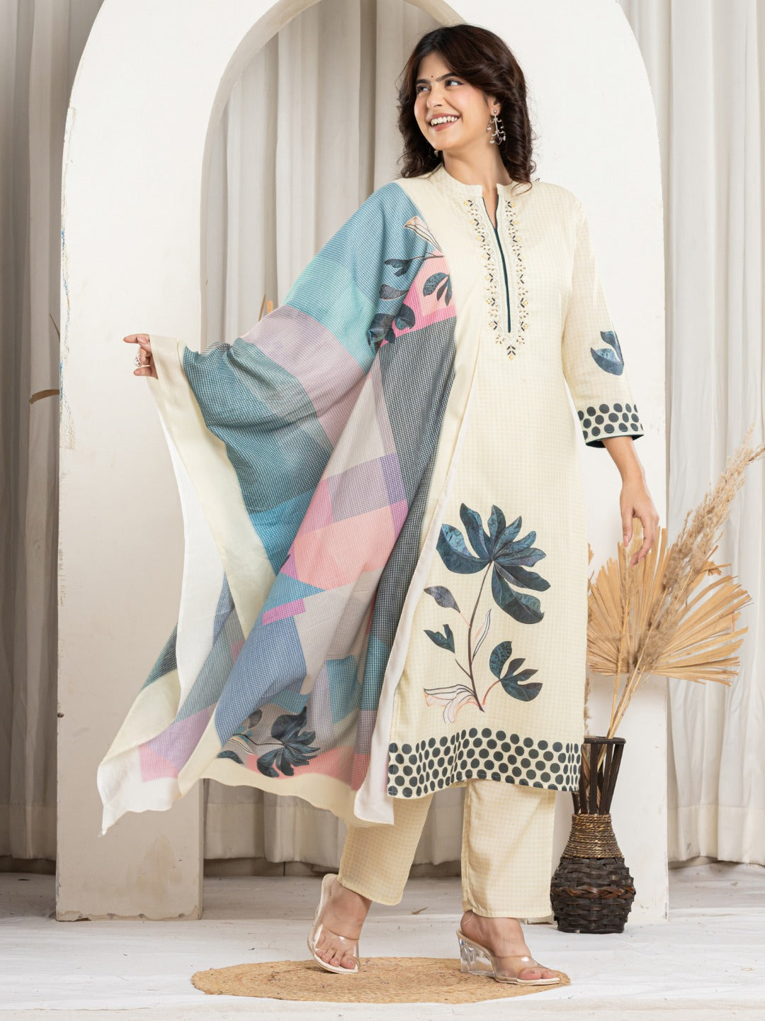 Cotton Digital Print Hand work Kurta, Pant and Dupatta Set - Beige