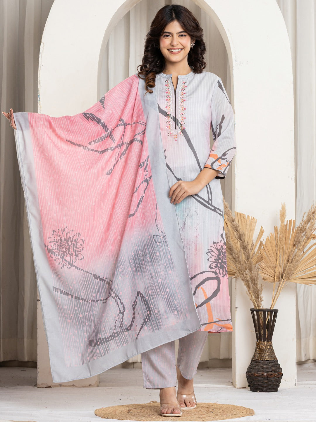 Cotton Digital Print Hand work Kurta, Pant and Dupatta Set - Grey