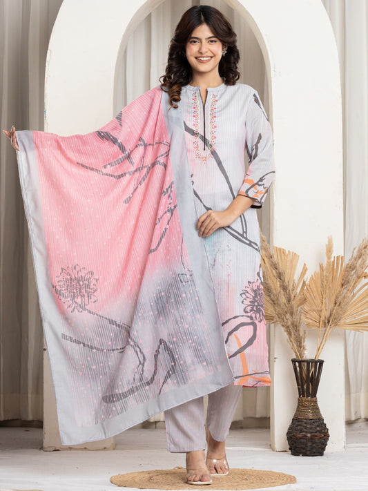 Cotton Digital Print Hand work Kurta, Pant  and Dupatta Set - Grey