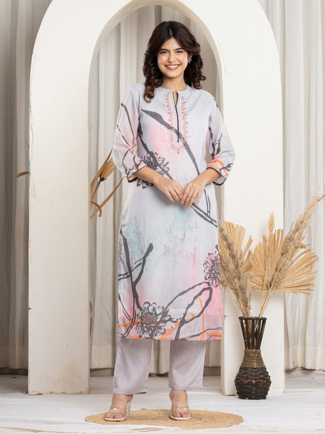 Cotton Digital Print Hand work Kurta, Pant and Dupatta Set - Grey