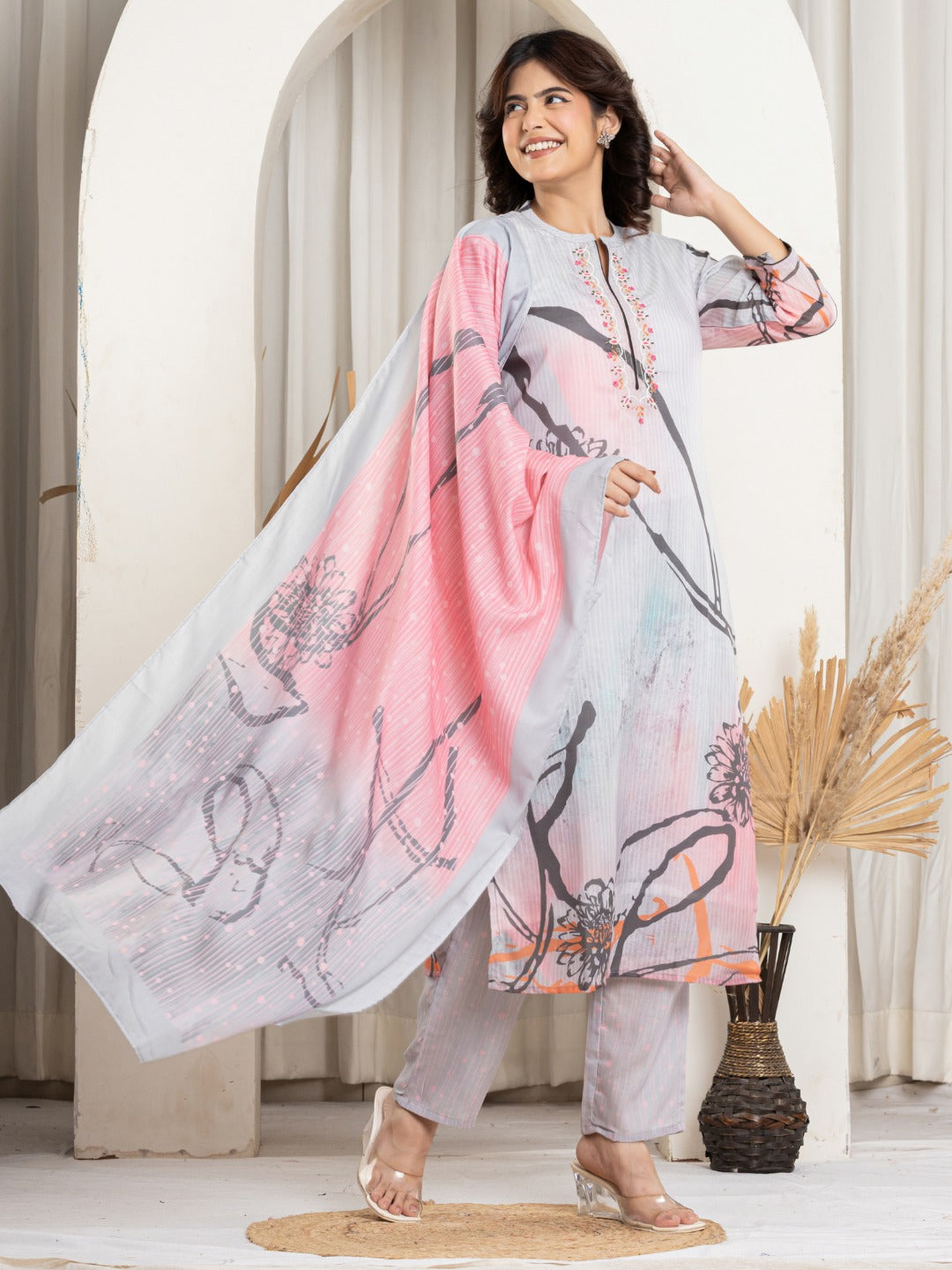 Cotton Digital Print Hand work Kurta, Pant and Dupatta Set - Grey