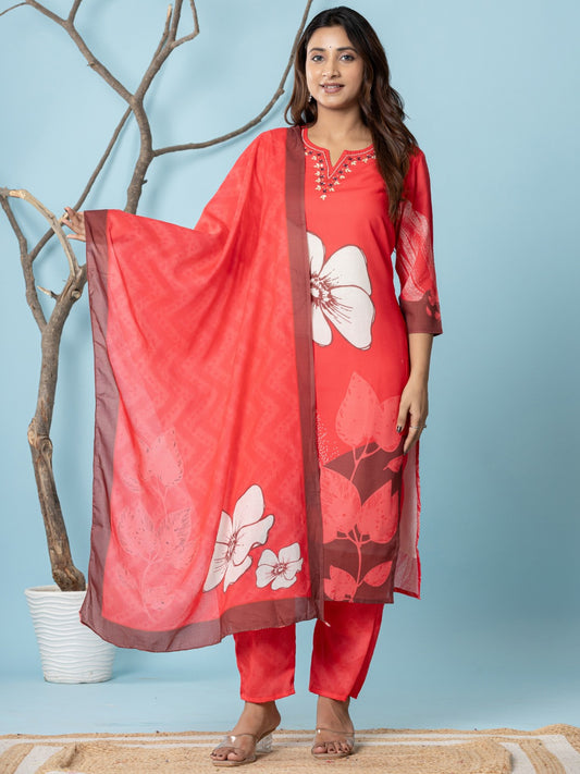 Cotton Digital Print Hand work Kurta, Pant  and Dupatta Set - Red