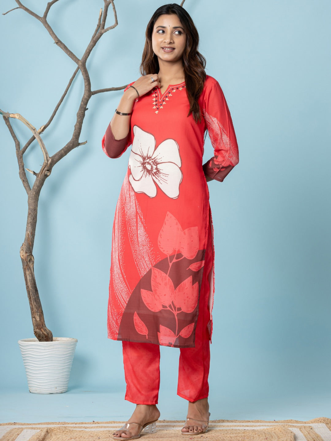 Cotton Digital Print Hand work Kurta, Pant and Dupatta Set - Red