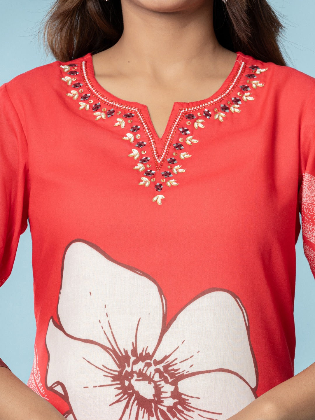Cotton Digital Print Hand work Kurta, Pant and Dupatta Set - Red