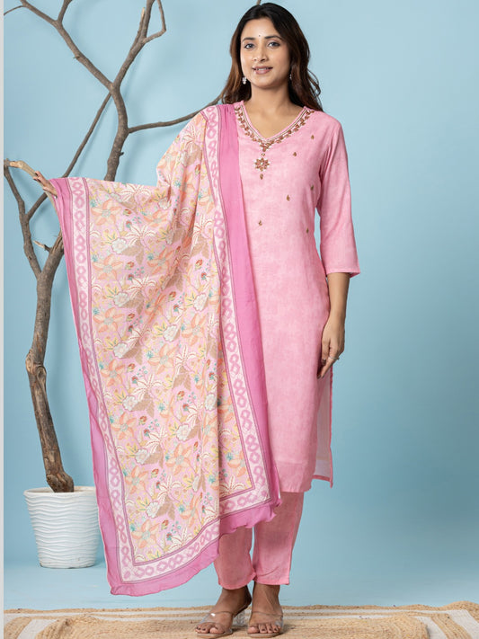 Cotton Digital Print Hand work Kurta, Pant  and Dupatta Set - Pink