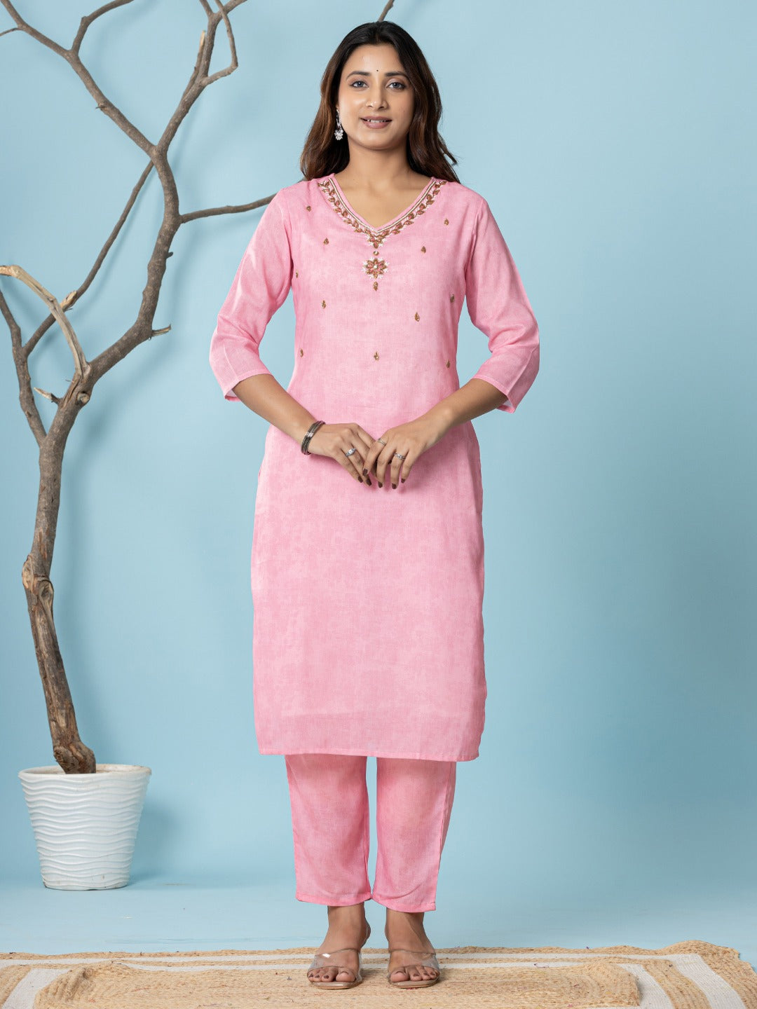 Cotton Digital Print Hand work Kurta, Pant and Dupatta Set - Pink