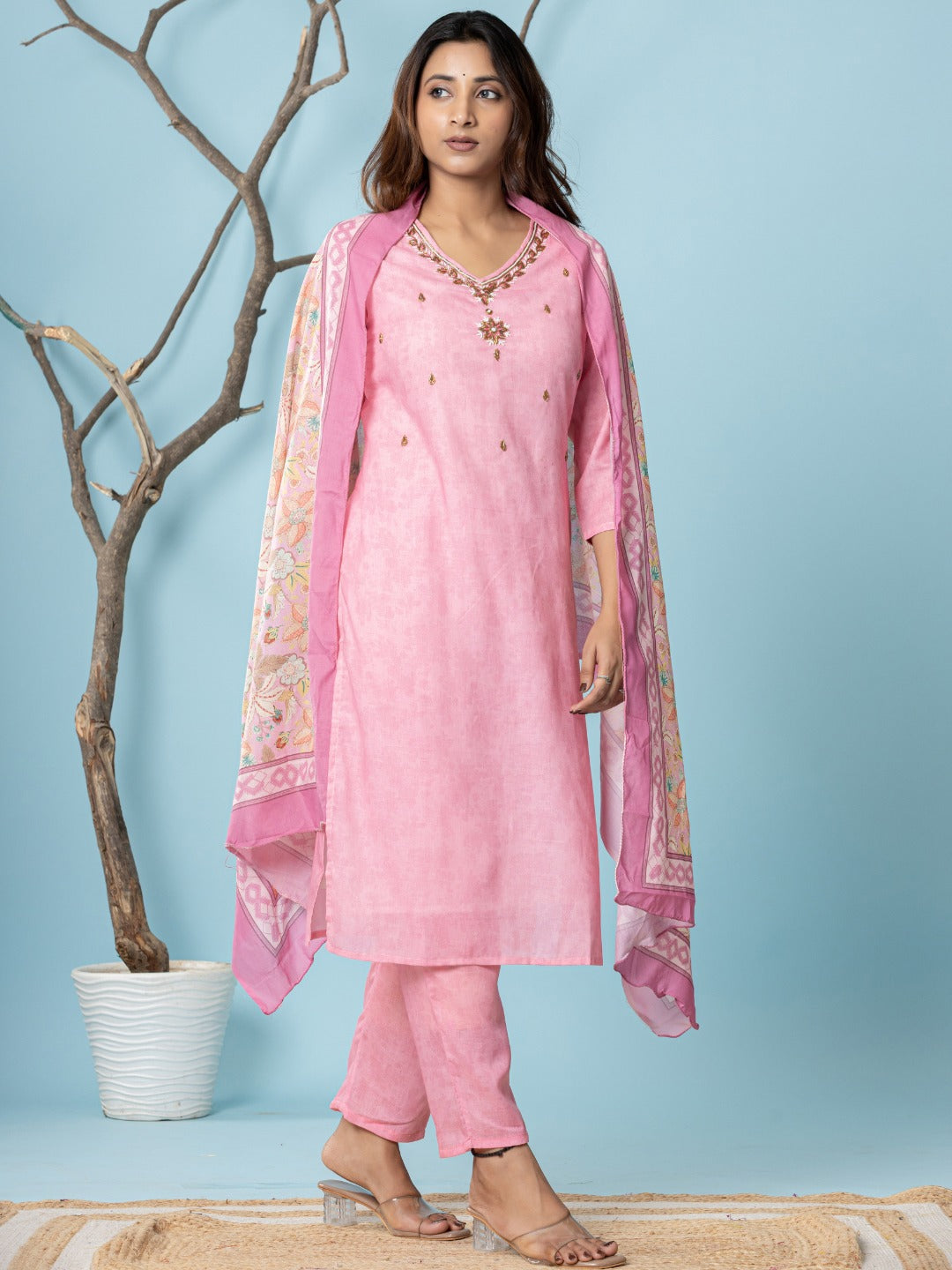 Cotton Digital Print Hand work Kurta, Pant and Dupatta Set - Pink