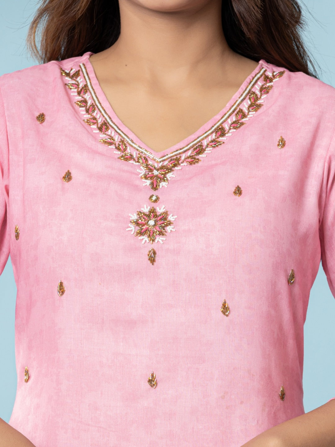 Cotton Digital Print Hand work Kurta, Pant and Dupatta Set - Pink