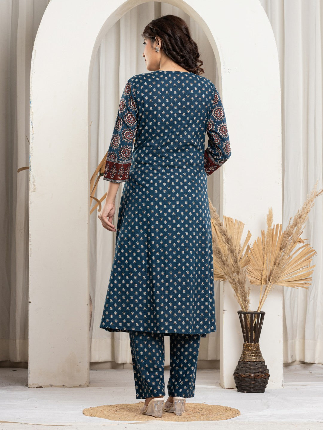 Pure Cotton Printed A-line Kurta Pant Set with HandWork - Navy