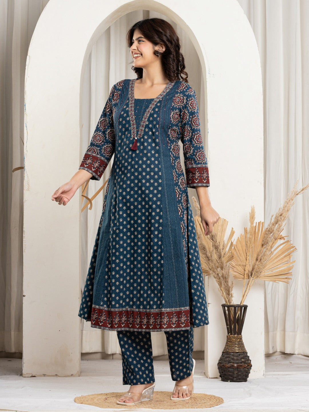 Pure Cotton Printed A-line Kurta Pant Set with HandWork - Navy
