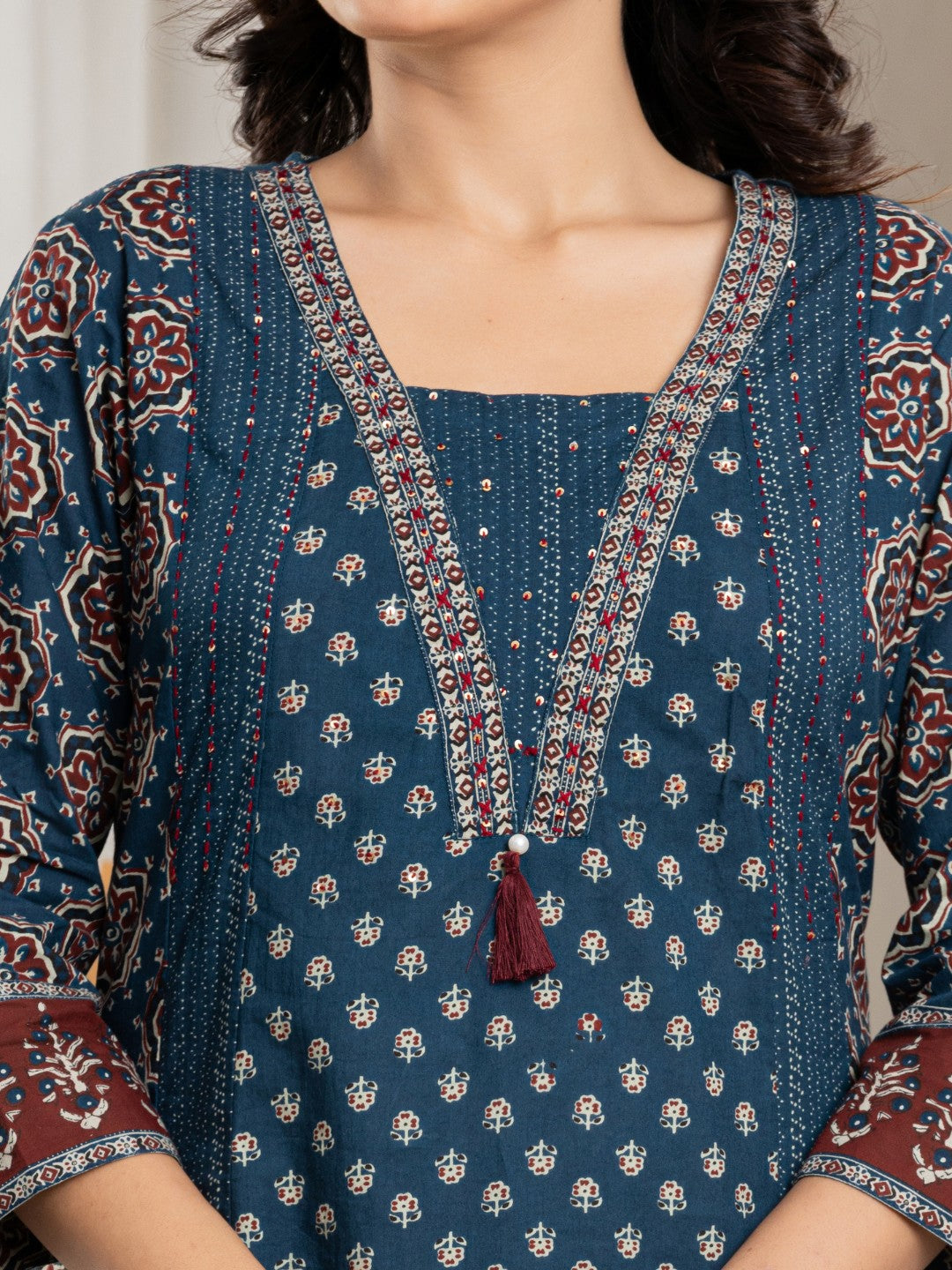 Pure Cotton Printed A-line Kurta Pant Set with HandWork - Navy