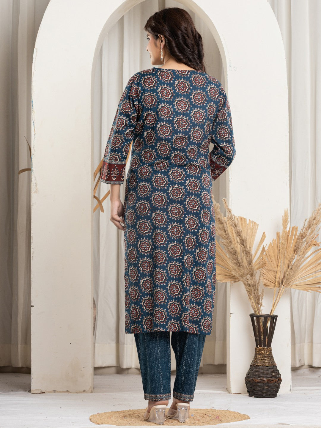 Pure Cotton Printed Kurta Pant and Duaptta Set with HandWork - Navy