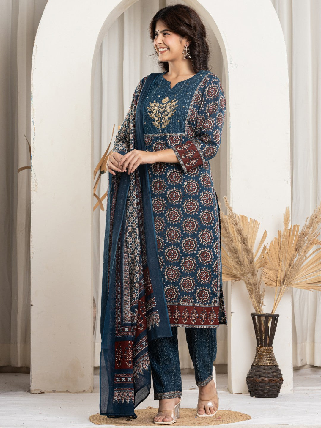 Pure Cotton Printed Kurta Pant and Duaptta Set with HandWork - Navy