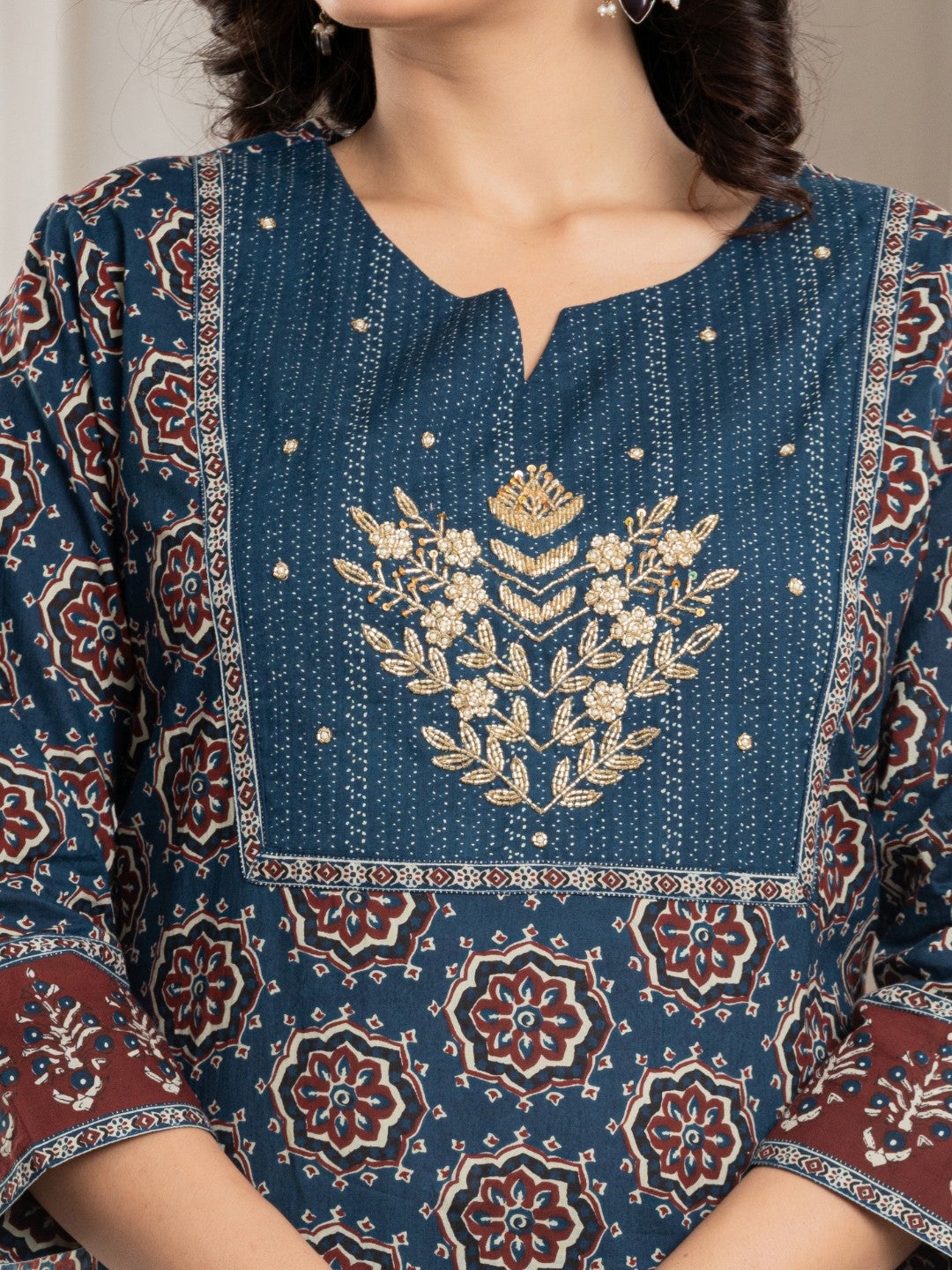 Pure Cotton Printed Kurta Pant and Duaptta Set with HandWork - Navy