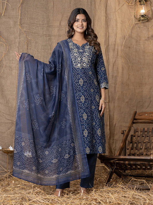 Pure Cotton Bandhani Print Embroidered Kurta, Pant  and Dupatta Set - Blue