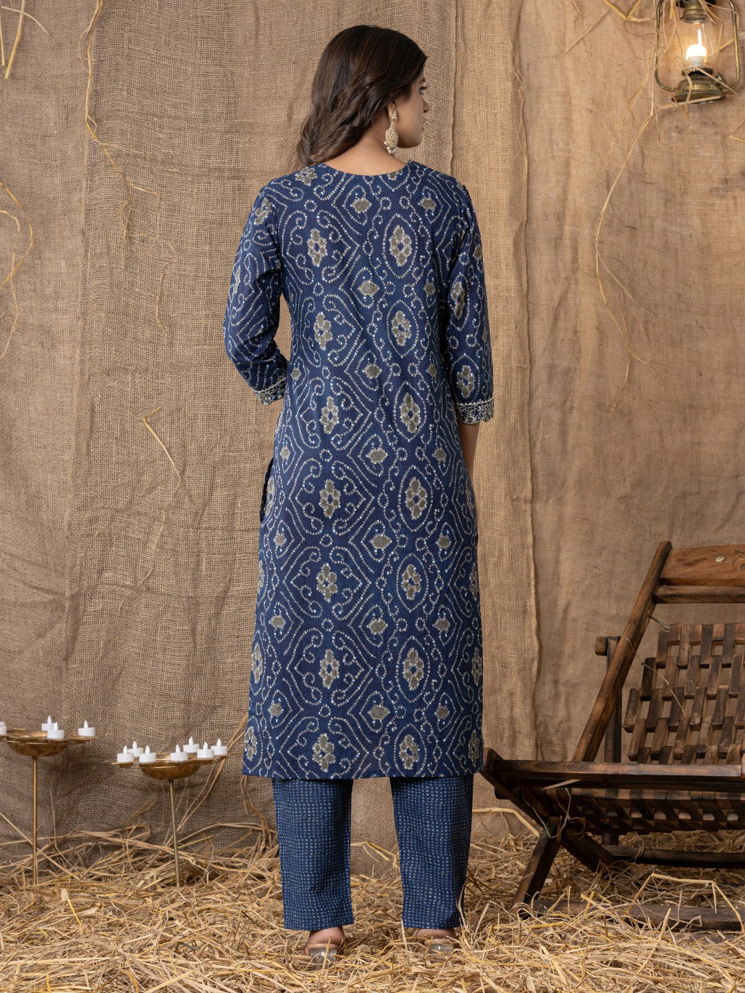 Pure Cotton Bandhani Print Embroidered Kurta, Pant and Dupatta Set - Blue
