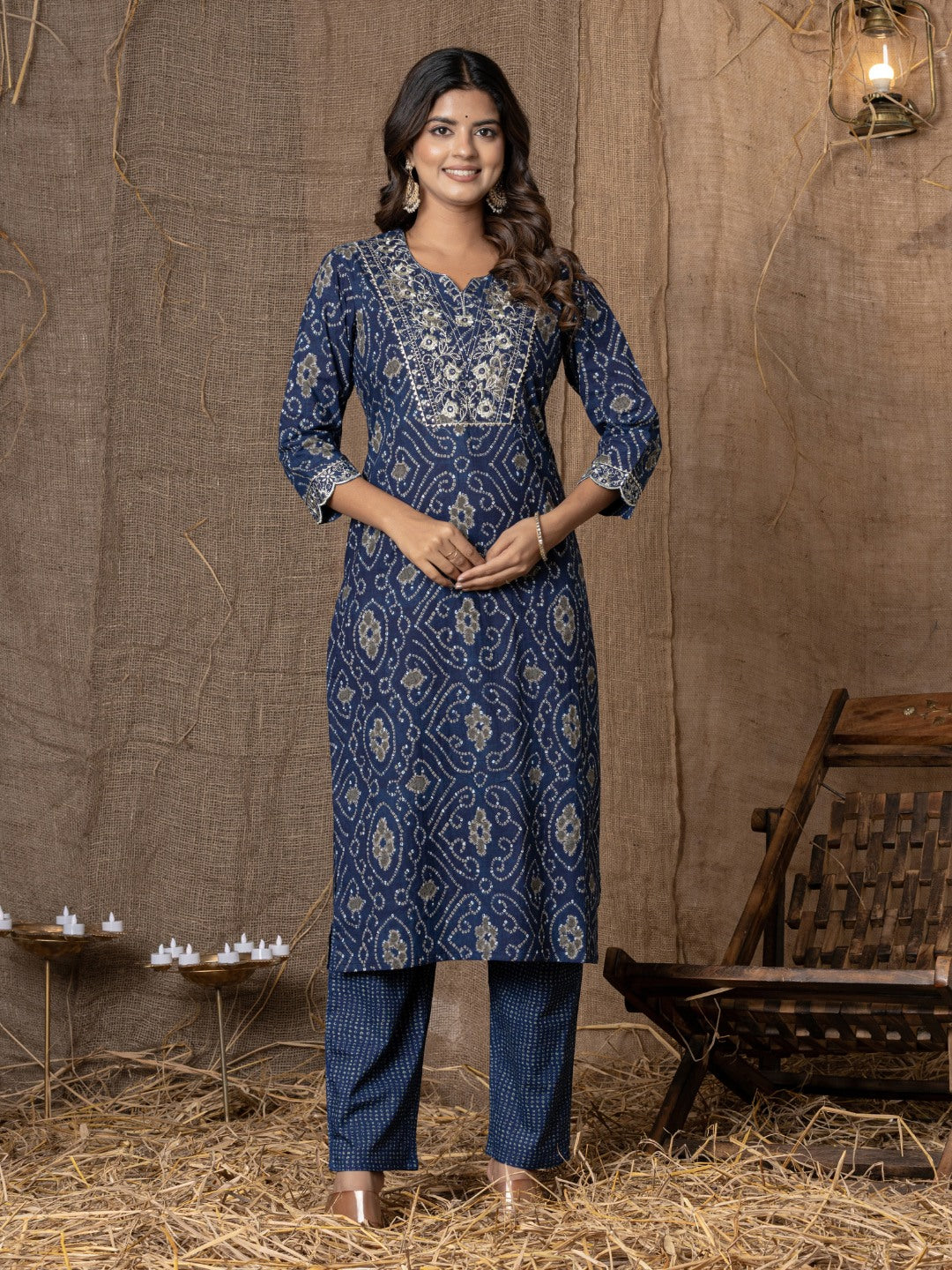 Pure Cotton Bandhani Print Embroidered Kurta, Pant and Dupatta Set - Blue