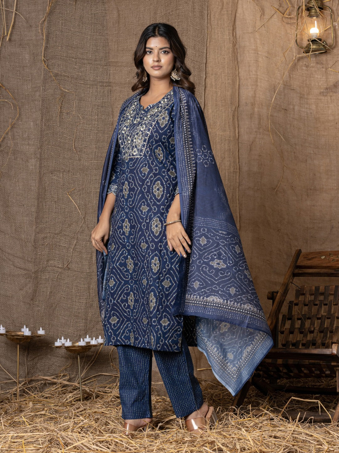 Pure Cotton Bandhani Print Embroidered Kurta, Pant and Dupatta Set - Blue