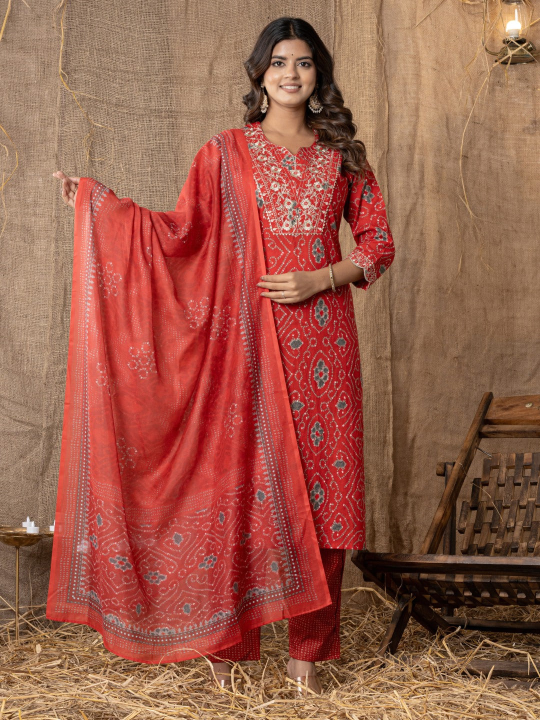 Pure Cotton Bandhani Print Embroidered Kurta, Pant and Dupatta Set - Red