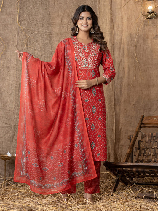 Pure Cotton Bandhani Print Embroidered Kurta, Pant  and Dupatta Set - Red