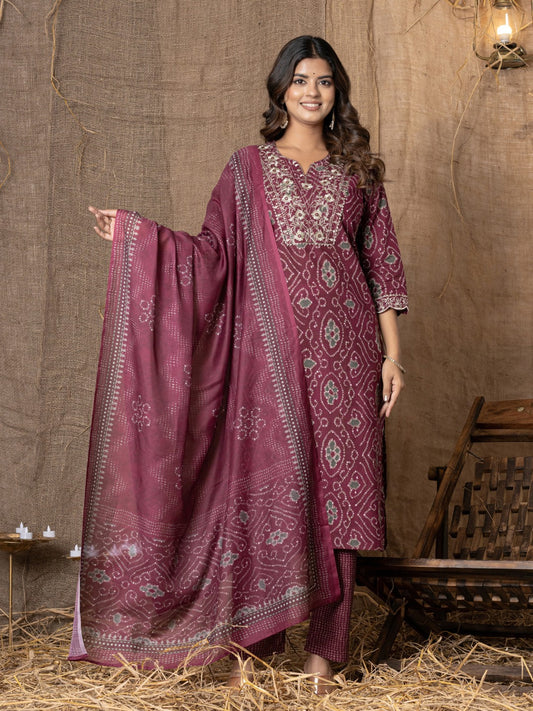 Pure Cotton Bandhani Print Embroidered Kurta, Pant  and Dupatta Set - Wine