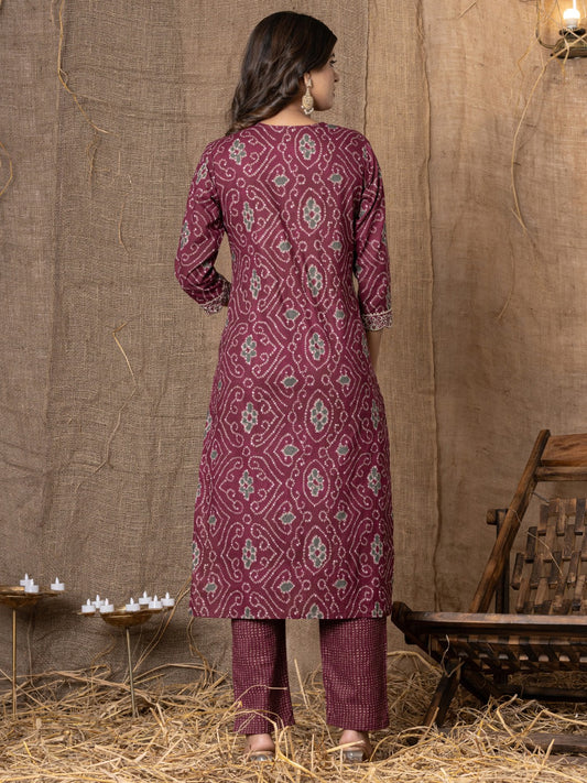 Pure Cotton Bandhani Print Embroidered Kurta, Pant and Dupatta Set - Wine