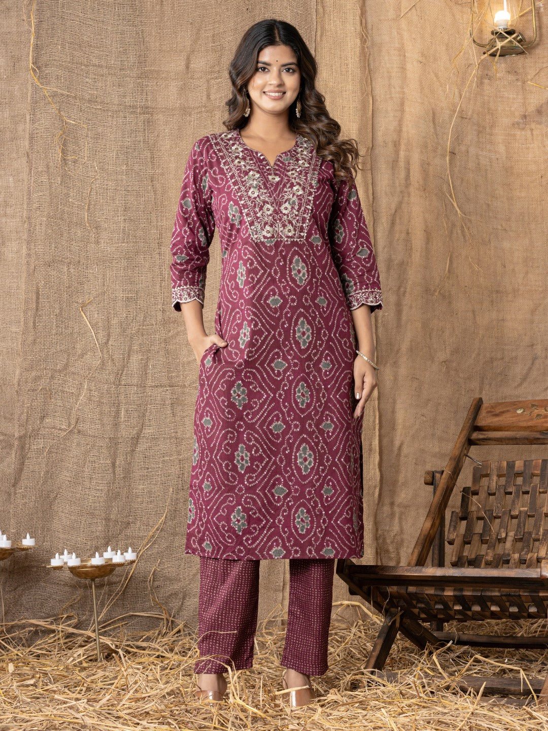 Pure Cotton Bandhani Print Embroidered Kurta, Pant and Dupatta Set - Wine