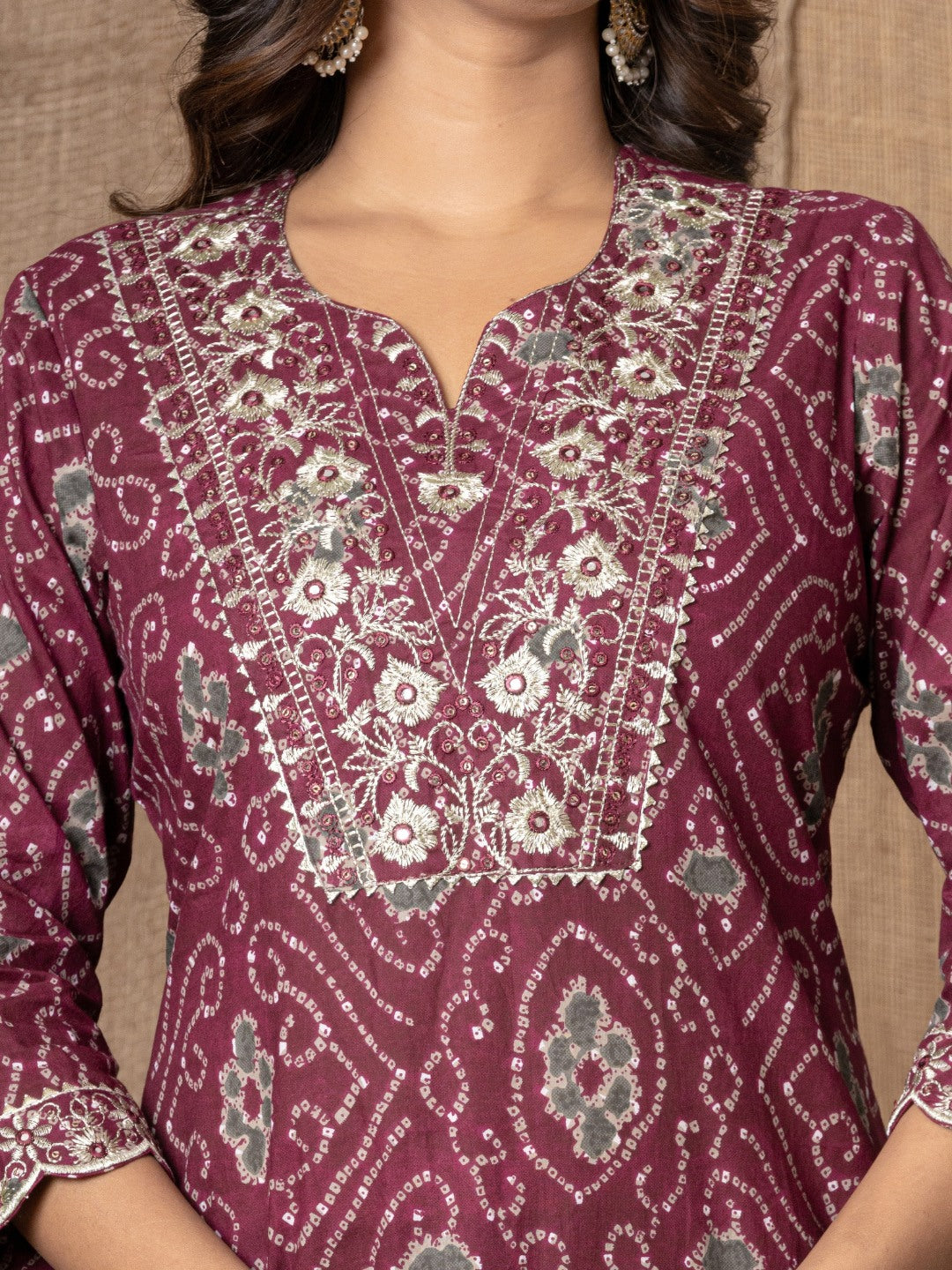Pure Cotton Bandhani Print Embroidered Kurta, Pant and Dupatta Set - Wine
