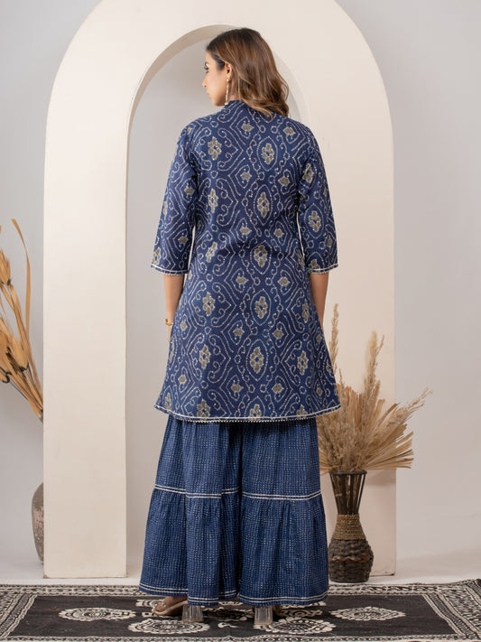 Pure Cotton Bandhani Print HandWork Kurta, Sharara and Dupatta Set - Blue