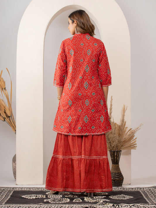 Pure Cotton Bandhani Print HandWork Kurta, Sharara and Dupatta Set - Red