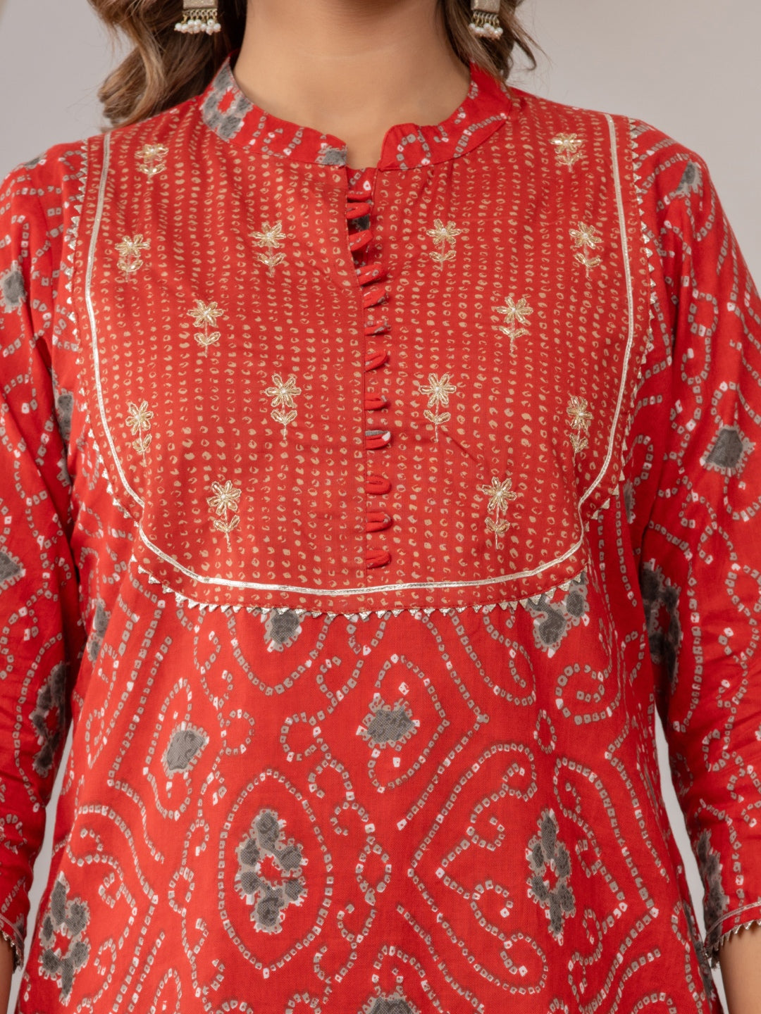 Pure Cotton Bandhani Print HandWork Kurta, Sharara and Dupatta Set - Red
