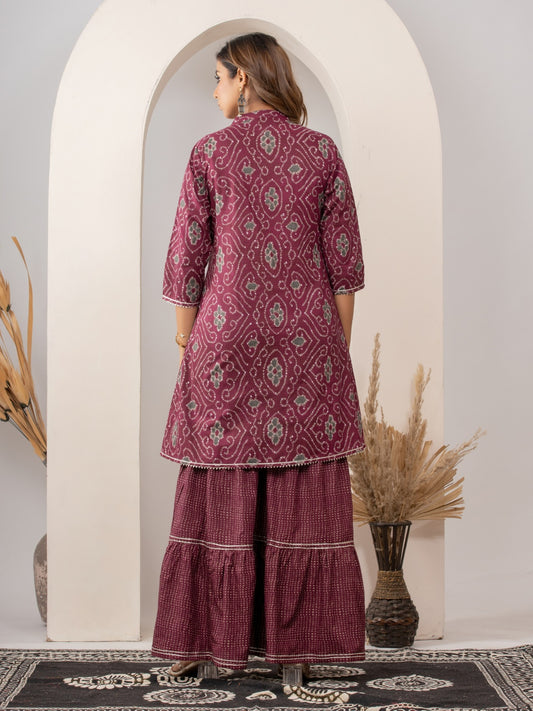 Pure Cotton Bandhani Print HandWork Kurta, Sharara and Dupatta Set - Wine