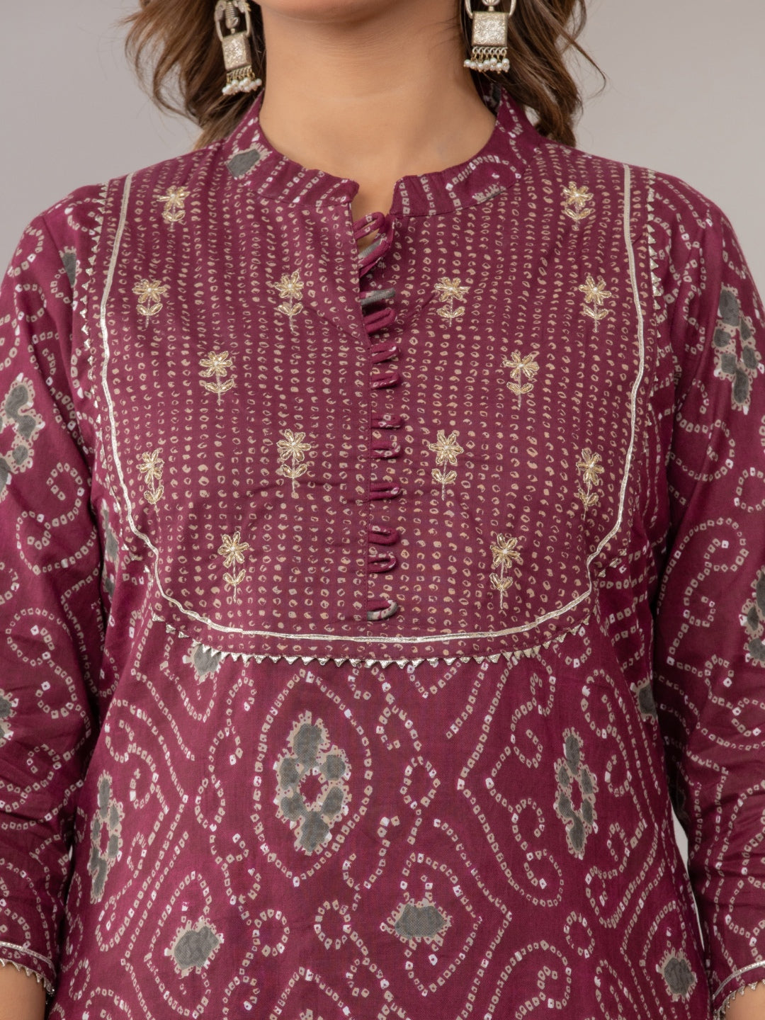 Pure Cotton Bandhani Print HandWork Kurta, Sharara and Dupatta Set - Wine