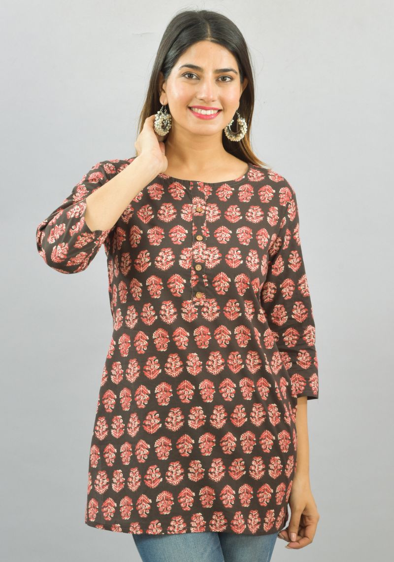 Pure Cotton Printed Short Kurta - Brown