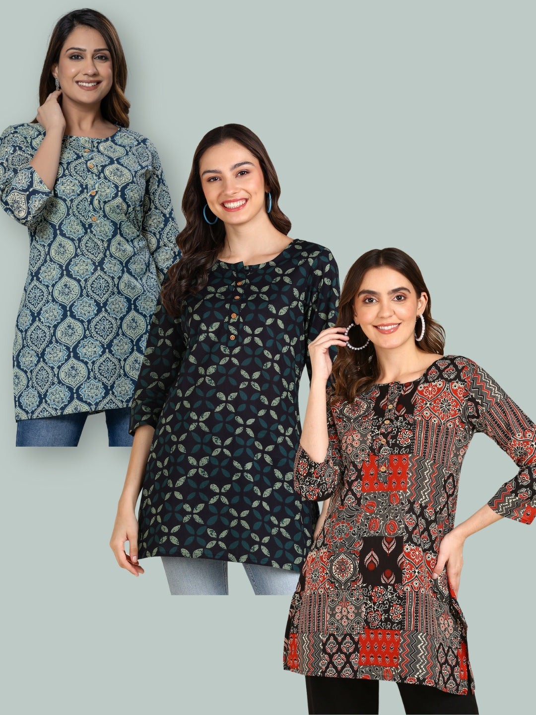 Pure Cotton Hip Length Printed Short kurti / Top (Pack of 3)