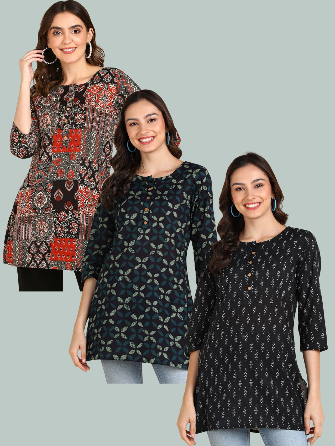 Pure Cotton Hip Length Printed Short kurti / Top (Pack of 3)