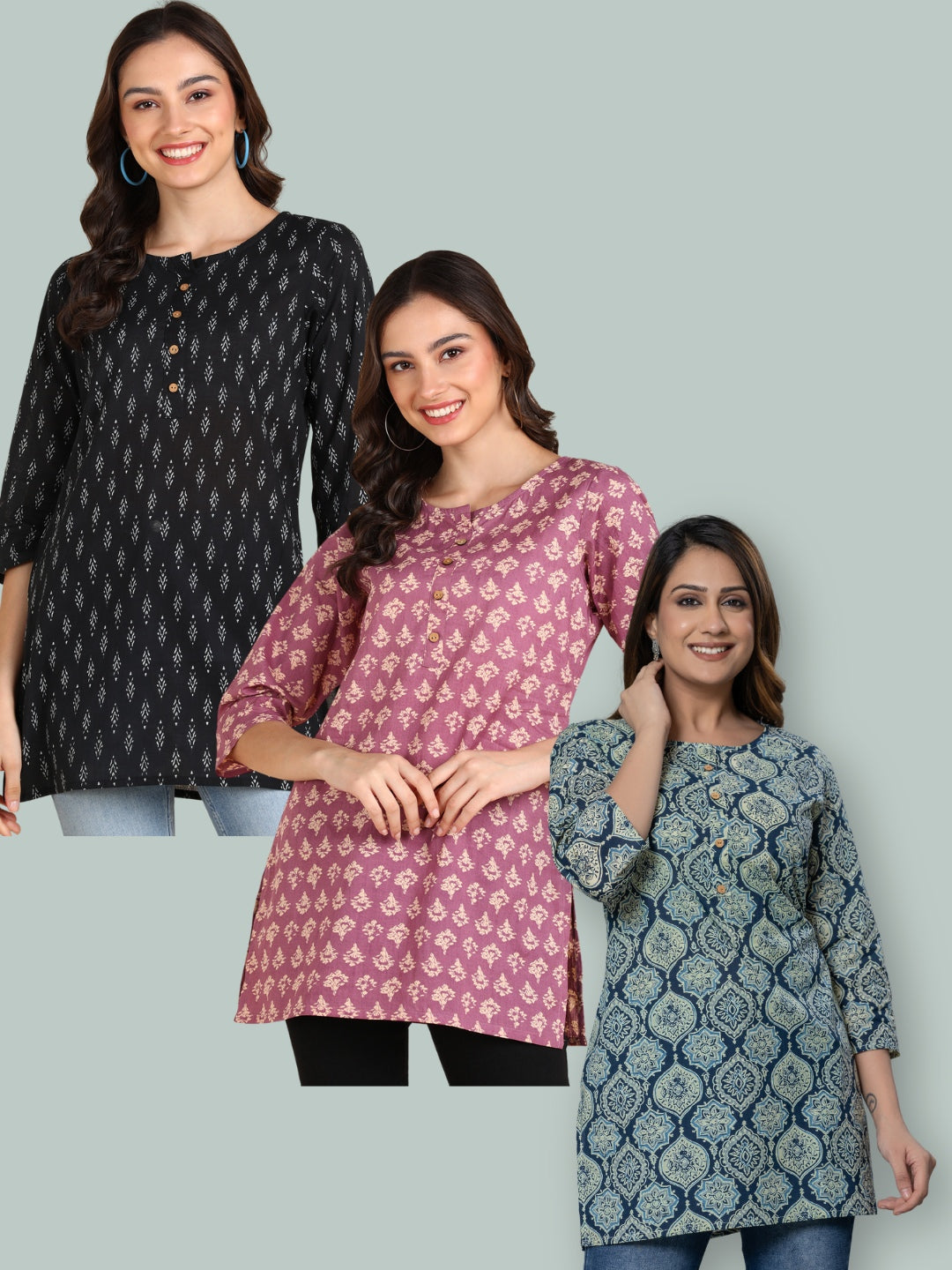 Pure Cotton Hip Length Printed Short kurti / Top (Pack of 3)