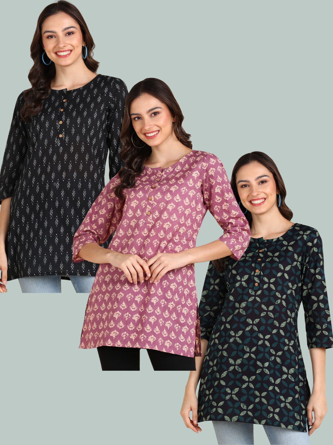 Pure Cotton Hip Length Printed Short kurti / Top (Pack of 3)